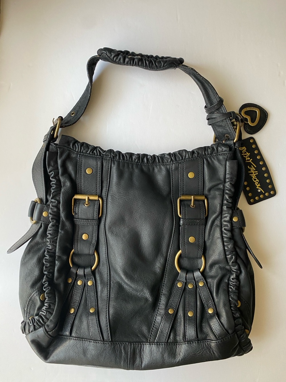 Vintage Betsey Johnson punk real leather studded tote bag black